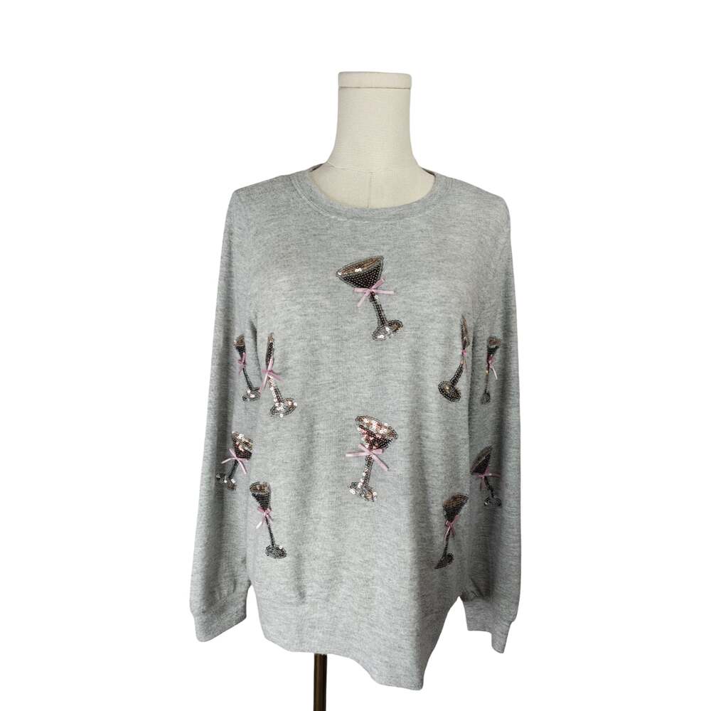 Tru Self Gray Sequin Martini Glass Graphic Sweatshirt Size M NWT